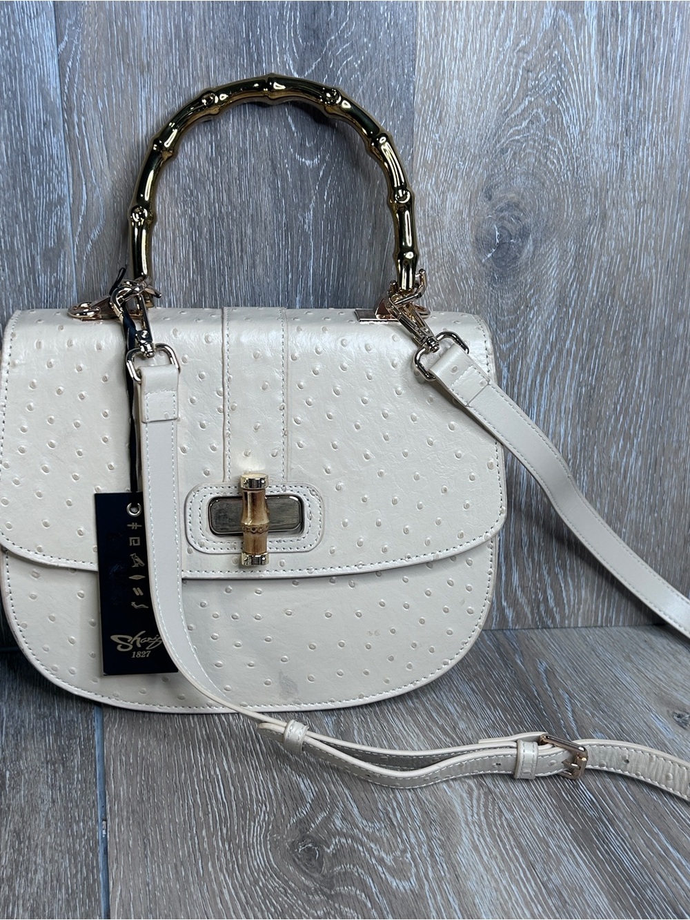 Sharif Legacy Cream Ostrich Lambskin Leather Bamboo Handle Satchel w/Dustbag NWT - Picture 2 of 16